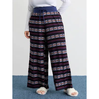Bloomchic Women's Plus Size Geo Print Drawstring Waist Pants Darkblue Geometric Wide Leg Mid Rise Casual 10/m In Blue