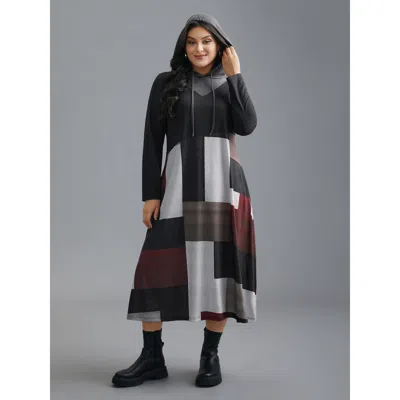 Bloomchic Women's Plus Size Geo Print Hooded Drawstring Pockets Dress Blackflower Everyday Midi Colorblock 10/