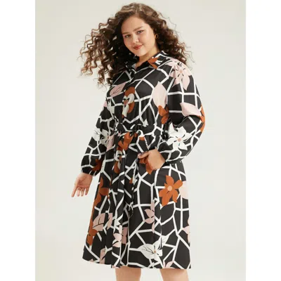 Bloomchic Women's Plus Size Geometric & Plants Button Through Pocket Dress Multicolor Office Elastic Cuffs 12/