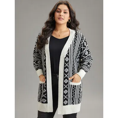 Bloomchic Women's Plus Size Geometric Bandana Contrast Pocket Cardigan Black Long Sleeve 22-24/3x