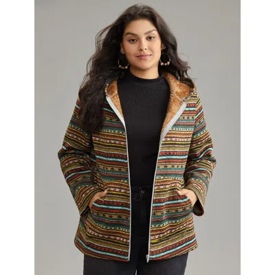 Bloomchic Women's Plus Size Geometric Bandana Fluffy Hooded Zipper Jacket Bronze Colorblock 14-16/1x In Brown