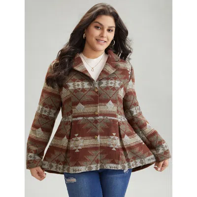 Bloomchic Women's Plus Size Geometric Boho Print Pleated Pocket Coat Multicolor Lined 10/m