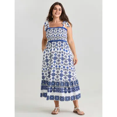 Bloomchic Women's Plus Size Geometric Boho Print Shoulder-tie Contrast Maxi Dress Mediumblue Bohemian Print Ma