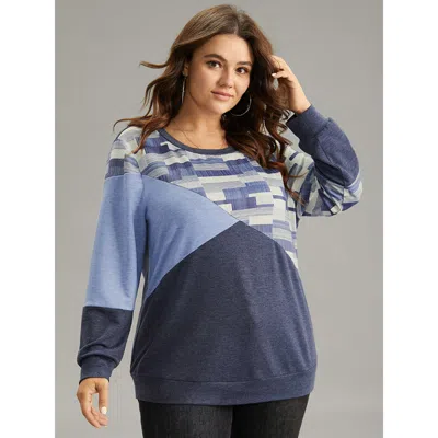 Bloomchic Women's Plus Size Geometric Colorblock Contrast Crew Neck Sweatshirt Indigo Geometric Dailywear 14-1 In Purple