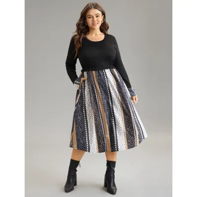 Bloomchic Women's Plus Size Geometric Colorblock Patchwork Midi Dress Black Dailywear Printed 22-24/3x