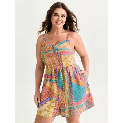 Bloomchic Women's Plus Size Geometric Colorful Patchwork Cami Romper Multicolor Casual 10/m