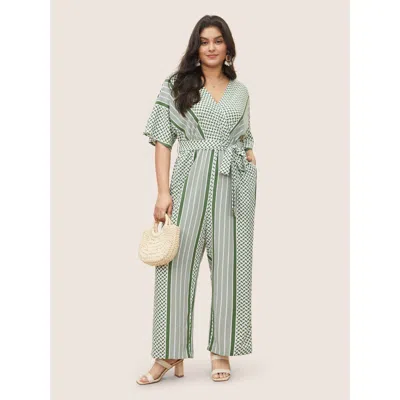 Bloomchic Women's Plus Size Geometric Contrast Dolman Sleeve Pocket Belted Wrap Jumpsuit Emerald Vacation 12/l In Green