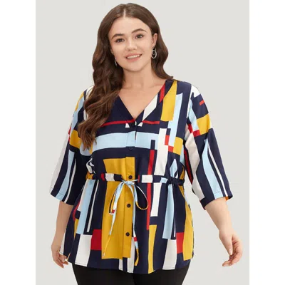 Bloomchic Women's Plus Size Geometric Contrast Drawstring Button Up Blouse Multicolor Office 3/4 Sleeve 18-20/
