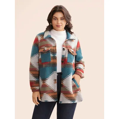 Bloomchic Women's Plus Size Geometric Contrast Flap Detail Jacket Multicolor Colorblock X-line 12/l
