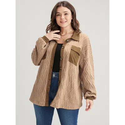 Bloomchic Women's Plus Size Geometric Contrast Flap Pocket Button Up Shirt Bronze Dailywear 10/m In Brown
