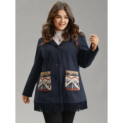 Bloomchic Women's Plus Size Geometric Contrast Hooded Tassel Trim Coat Midnight Lined 12/l In Blue