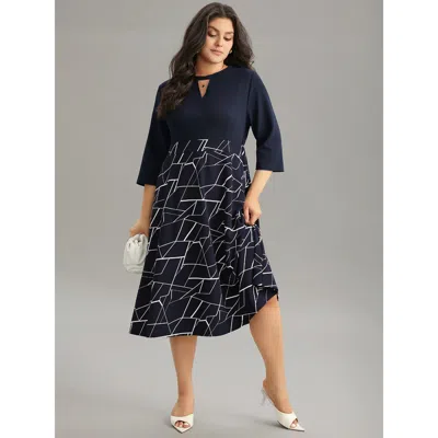 Bloomchic Women's Plus Size Geometric Contrast Keyhole Elastic Waist Dress Indigo Office Colorblock 28/5x In Purple