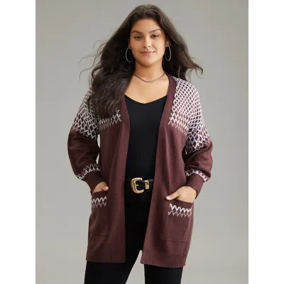 Bloomchic Women's Plus Size Geometric Contrast Patched Pocket Jacquard Cardigan Darkbrown Long Sleeve 12/l In Brown