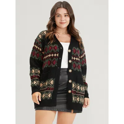 Bloomchic Women's Plus Size Geometric Contrast Pointelle Knit Pocket Jacquard Button Front Cardigan Multicolor