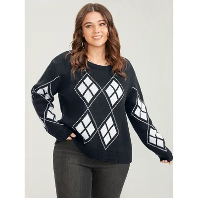 Bloomchic Women's Plus Size Geometric Contrast Pointelle Knit Round Neck Knit Top Black Colorblock Long Sleeve
