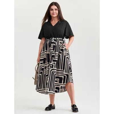 Bloomchic Women's Plus Size Geometric Contrast Print Arc-hem Midi Dress Black Geometric Midi Office Belted 10/