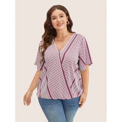 Bloomchic Women's Plus Size Geometric Contrast Ruffle Sleeve Wrap Blouse Redviolet Geometric Vacation Short Sl