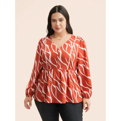 Bloomchic Women's Plus Size Geometric Contrast Webbing Button Detail Blouse Orangered Geometric Office Long Sl