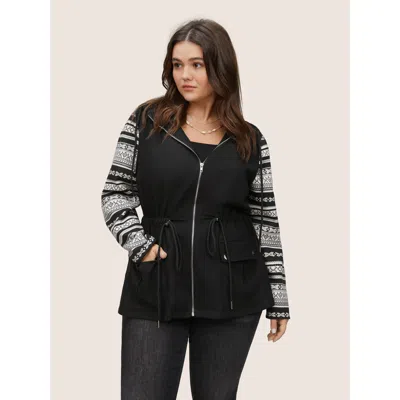 Bloomchic Women's Plus Size Geometric Drawstring Patchwork Hooded Jacket Black Non 10/m