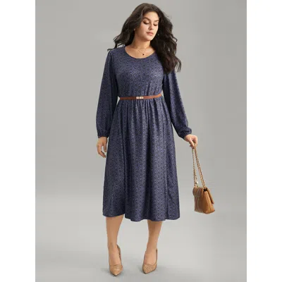 Bloomchic Women's Plus Size Geometric Elastic Waist Pocket Gathered Dress Darkblue Office Elastic Cuffs 14-16/ In Blue