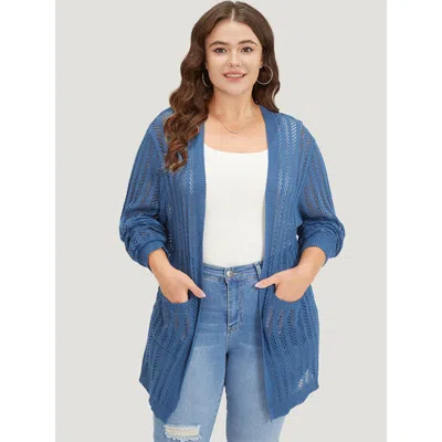 Bloomchic Women's Plus Size Geometric Eyelet Patched Pocket Elastic Cuffs Cardigan Aegean Long Sleeve 10/m In Blue