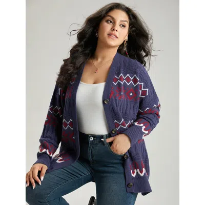 Bloomchic Women's Plus Size Geometric Graphic Contrast Elastic Cuffs Button Up Cardigan Multicolor Long Sleeve