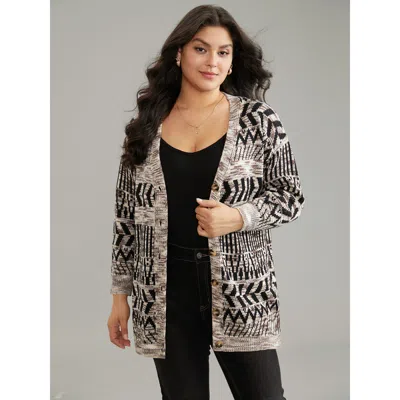 Bloomchic Women's Plus Size Geometric Heather Button Up Elastic Cuffs Cardigan Darkbrown Long Sleeve 12/l In Brown