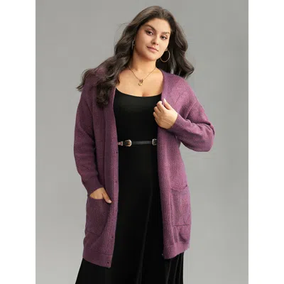 Bloomchic Women's Plus Size Geometric Heather Pocket Button Up Cardigan Purple Long Sleeve 12/l