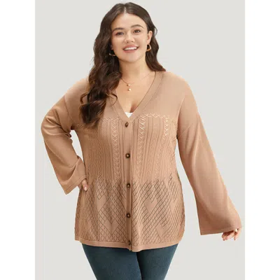 Bloomchic Women's Plus Size Geometric Hollow Out Button Up Cardigan Tan Long Sleeve 10/m In Brown