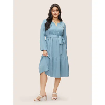 Bloomchic Women's Plus Size Geometric Hollow Out Notched Ruffle Layered Hem Dress Lightblue Non Midi Everyday  In Blue