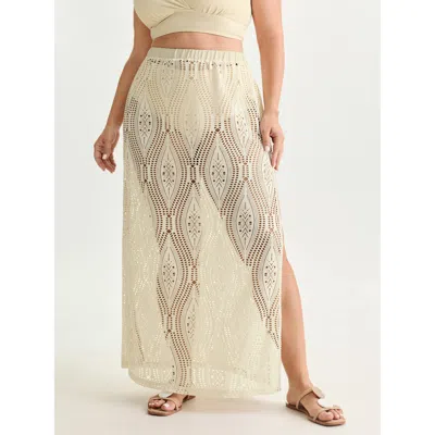 Bloomchic Women's Plus Size Geometric Hollowed-out Straight-fit Maxi Skirt Apricot Cut-out Straight Fit Vacati In Orange
