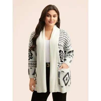 Bloomchic Women's Plus Size Geometric Jacquard Lapel Collar Cardigan Beige Long Sleeve 14-16/1x In Sand