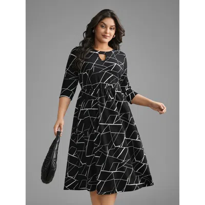 Bloomchic Women's Plus Size Geometric Keyhole Elastic Waist Midi Dress Black Geometric Midi Office Distressed 