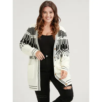 Bloomchic Women's Plus Size Geometric Knitted Jacquard Contrast Pocket Button Front Cardigan White Long Sleeve