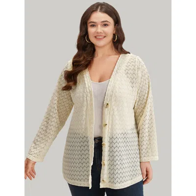 Bloomchic Women's Plus Size Geometric Lace Hollow Out Button Through Jacket Beige Plain 10/m In Sand