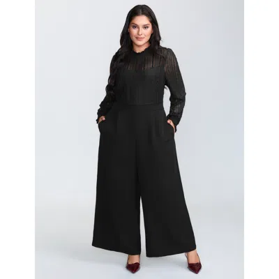 Bloomchic Women's Plus Size Geometric Lace Trim Sheer Wide-leg Jumpsuit Black Elegant 26/4x