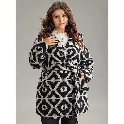 Bloomchic Women's Plus Size Geometric Lapel Collar Pocket Belted Coat Darkgray Belted 10/m In Gray