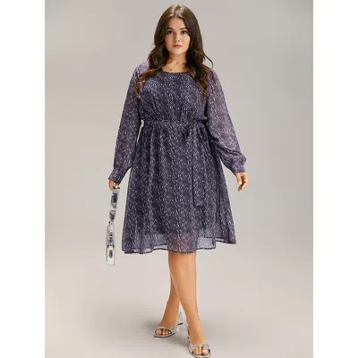 Bloomchic Women's Plus Size Geometric Mesh Elastic Waist Belted Dress Indigo Office See Through 14-16/1x In Purple