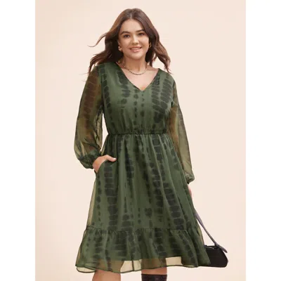 Bloomchic Women's Plus Size Geometric Mesh Lantern Sleeve Midi Dress Armygreen Geometric Midi Office See Throu