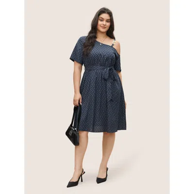 Bloomchic Women's Plus Size Geometric Metal Chain Detail Belted Dress Slategray Geometric Knee Office Non 30/6 In Gray