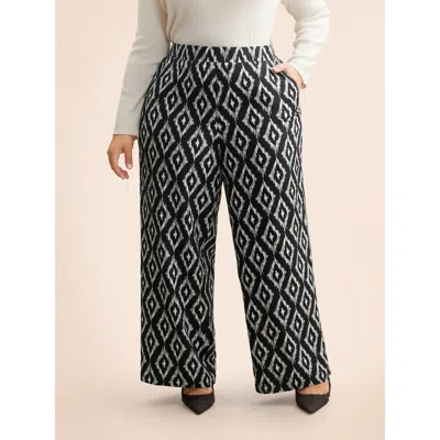 Bloomchic Women's Plus Size Geometric Mid Rise Pocket Pants Black Geometric Wide Leg Mid Rise Office 14-16/1x