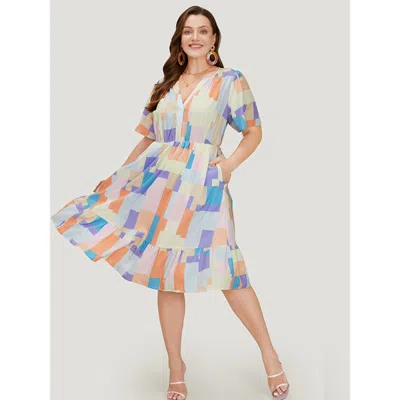 Bloomchic Women's Plus Size Geometric Notched Pocket Shirred Flutter Hem Dress Multicolor Dailywear 12/l