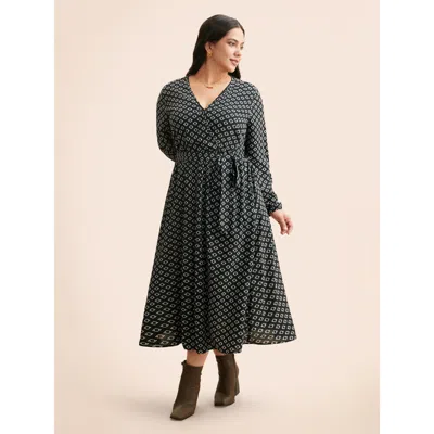 Bloomchic Women's Plus Size Geometric Overlap Collar Belted Dress Black Geometric Midi Office Belted 14-16/1x