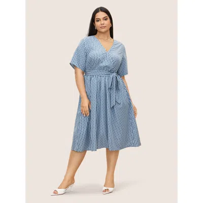 Bloomchic Women's Plus Size Geometric Overlap Collar Elastic Waist Belted Dress Blue Geometric Midi Office Ove