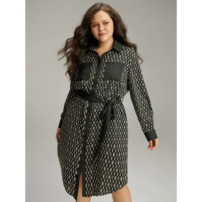 Bloomchic Women's Plus Size Geometric Patched Pocket Arc Hem Dress Black Office Belted 12/l