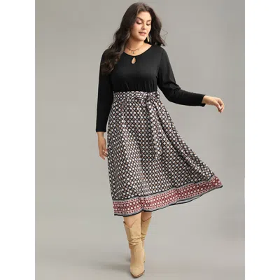 Bloomchic Women's Plus Size Geometric Patchwork Cut Out Belted Dress Black Dailywear Printed 30/6x