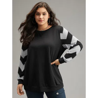 Bloomchic Women's Plus Size Geometric Patchwork Round Neck Sweatshirt Black Geometric Dailywear 10/m