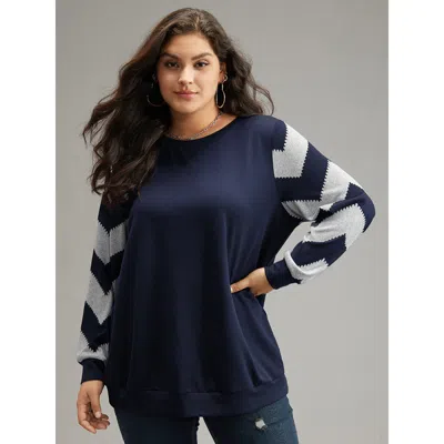 Bloomchic Women's Plus Size Geometric Patchwork Round Neck Sweatshirt Darkblue Geometric Dailywear 14-16/1x In Blue