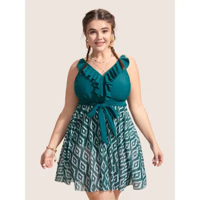 Bloomchic Women's Plus Size Geometric Patchwork See Through Ruffles Swim Dress Darkgreen Geometric Tie Knot Ad In Green