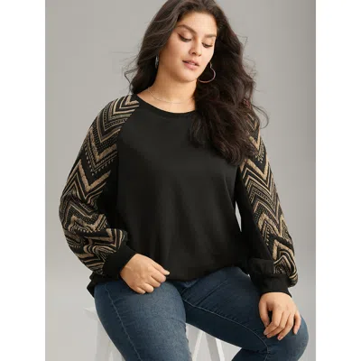Bloomchic Women's Plus Size Geometric Patchwork Texture Rib Knit Sweatshirt Black Geometric Dailywear 10/m